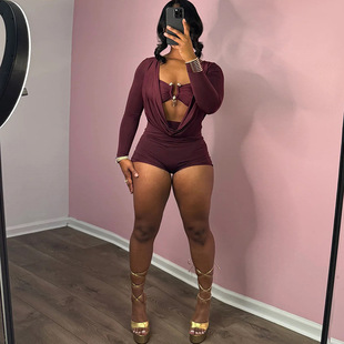 显瘦连体裤 街头性感辣妹深V低胸纯色修身 个性 欧美风2025春夏新款