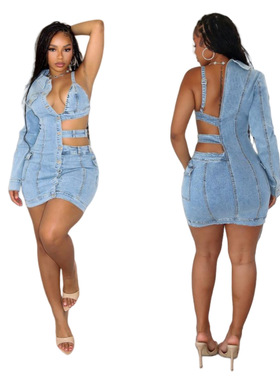 新款牛仔连衣裙MZ88588现货欧美跨境热卖露肩单袖弹力时尚连衣裙