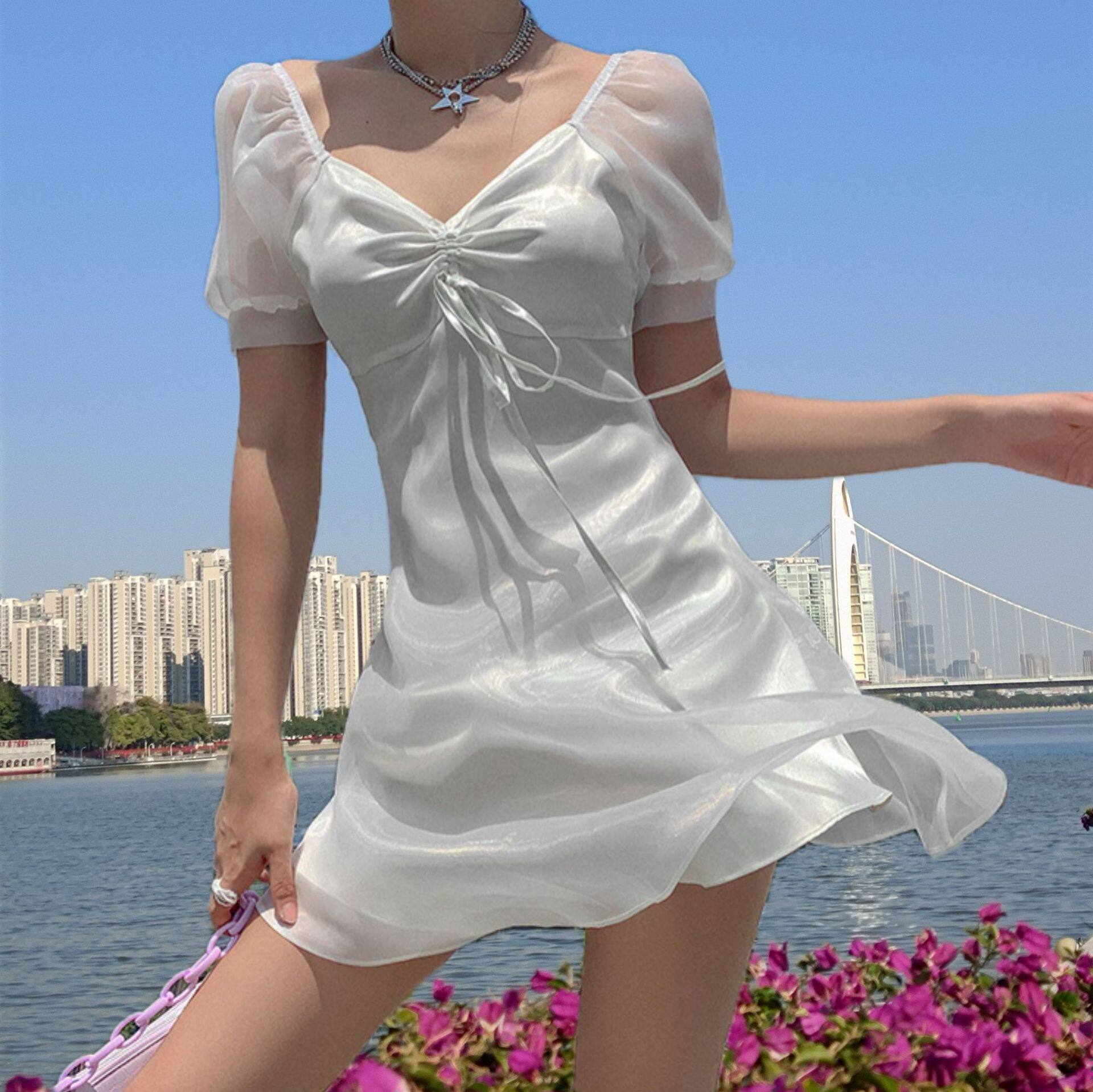 春夏欧美独立站辣妹复古收腰公主裙泡泡袖透肉欧根纱迷你连衣裙