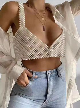 2026跨境新品ins热销珍珠性感深V吊带欧美街头潮流小背心上衣1073