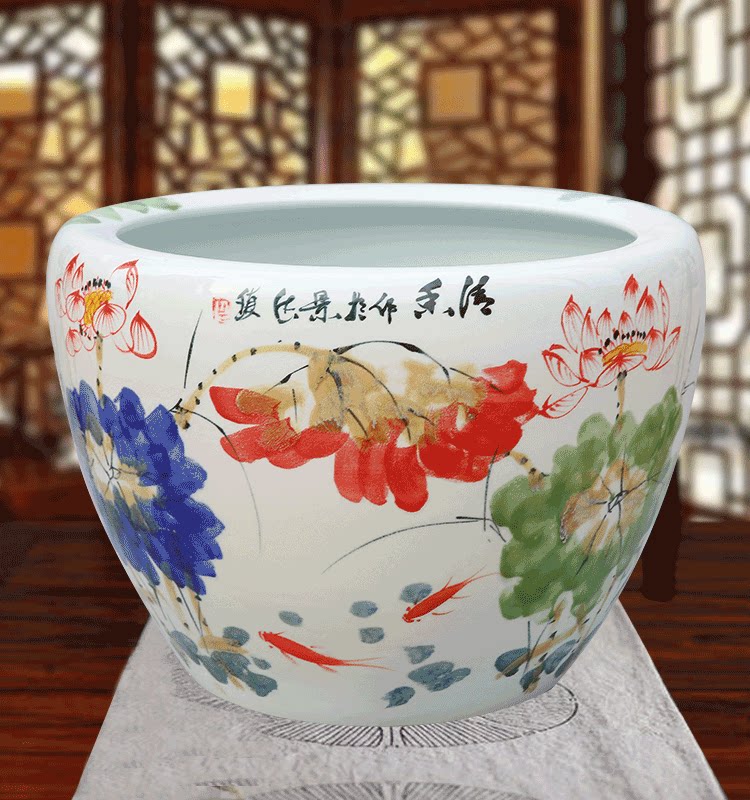 陶瓷鱼缸手工绘画特大号鱼缸庭院水缸荷花睡莲缸书画缸招财聚宝缸