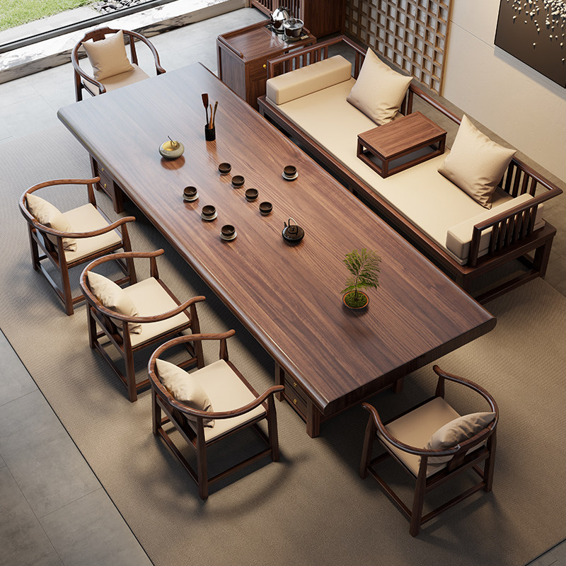 乌金木实木大板茶桌椅罗汉床组合新中式2026新款高端办公室茶台