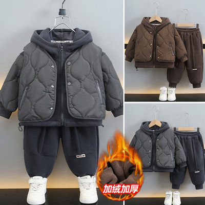 中小童冬装加绒加厚棉马甲卫衣三件套2025新款男童帅气保暖卫裤长