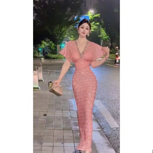 晚宴会浪漫氛围感优雅女人味精致重工闪钻亮片鱼尾礼服长裙连衣裙