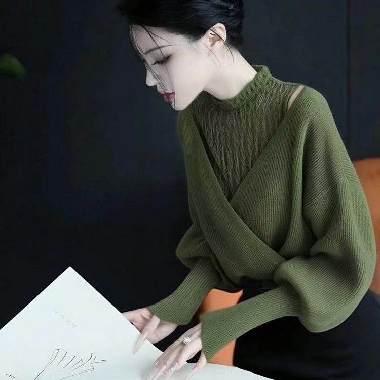 小众设计感绿色蕾丝拼接针织衫女2025秋季独特漂亮巨好看显瘦毛衣