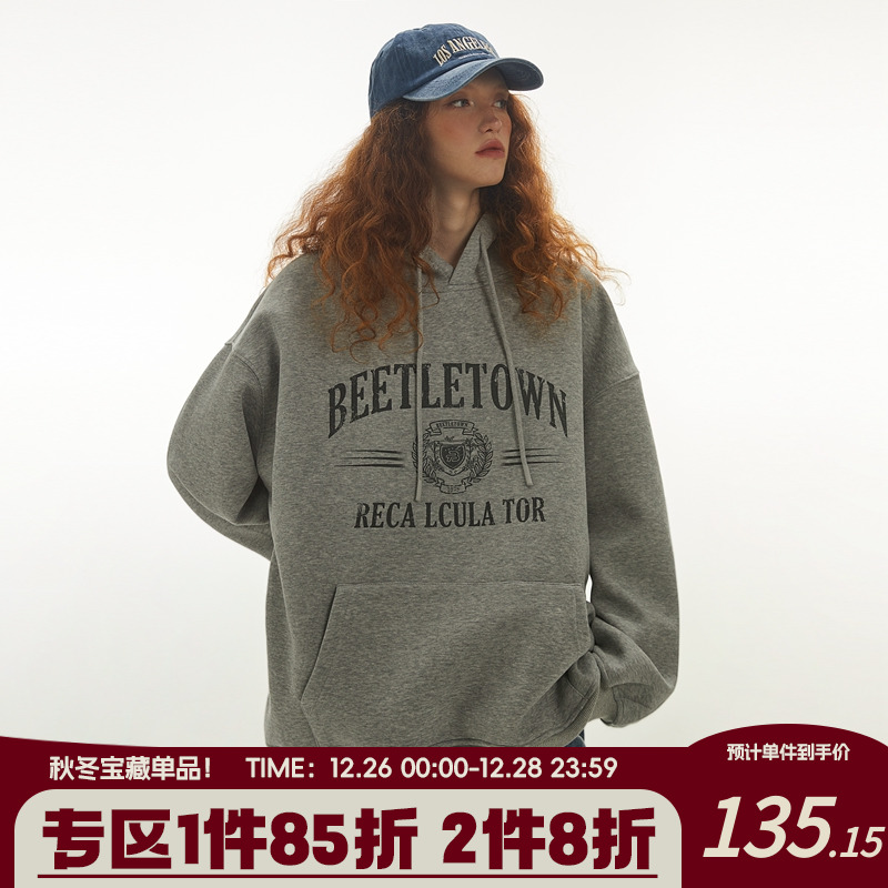 BEETLE TOWN 字母印花连帽卫衣女秋冬美式复古宽松休闲情侣上衣