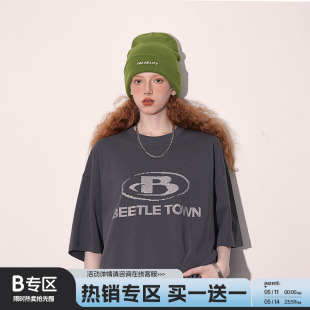 新款 BEETLE 女2024夏季 TOWN烫钻闪片logo短袖 重工纯棉潮t恤男半袖