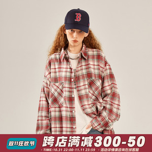 BEETLE TOWN美式复古格子长袖衬衫女秋季磨毛衬衣宽松上衣外套潮