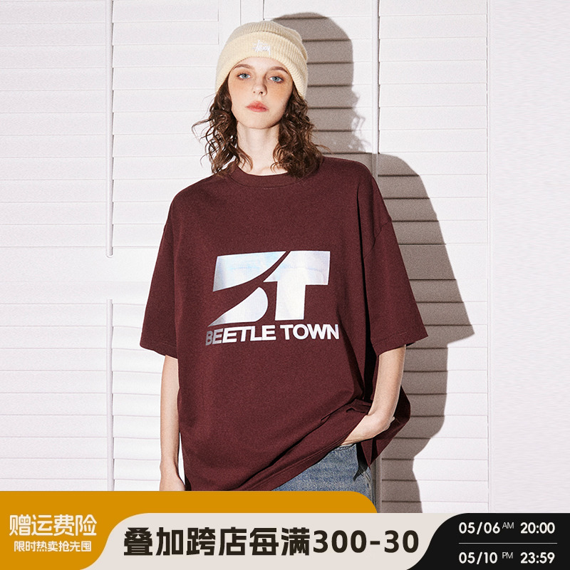 BEETLE TOWN镭射短袖Ｔ恤女圆领纯棉oversize美式潮牌情侣款上衣 女装/女士精品 T恤 原图主图