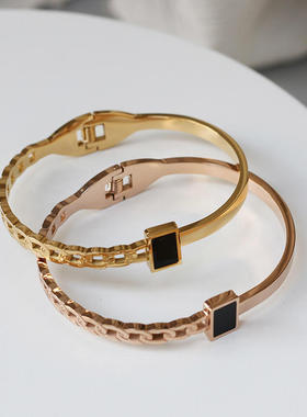几何简约黑方块半拼链条弹簧开口手镯手环欧美 钛钢镀玫瑰金