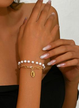 欧美热销饰品 复古优雅气质间隔珍珠手链 双层镂空双层叠带手链女