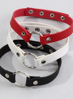 项链跨境欧美饰品 个性潮酷原宿风PU皮颈链几何圆形项圈个性配饰