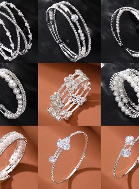 跨境欧美女水钻珍珠手镯时尚气质爪链多层开口手镯开口手环首饰女