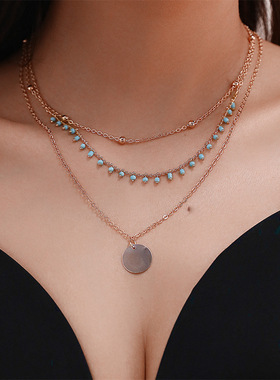 欧美跨境女项链多层金属圆片项链绿色米珠时尚锁骨链女饰品配饰女