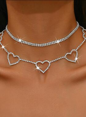 Necklace欧美时尚饰品多层爱心项链水钻简约双排链条甜酷辣妹颈链