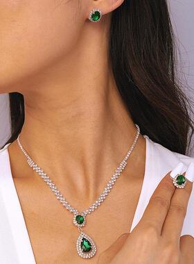 HBS跨境欧美椭圆玫红绿宝石耳环项链套装女饰品复古优雅款气质