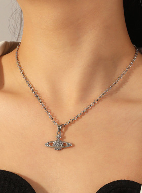 欧美跨境时尚饰品 潮流微镶满钻土星项链创意单层星球项链气质