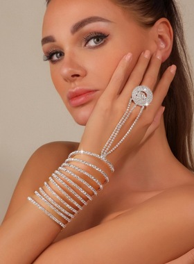 欧美手环多层水钻连指手链女演出服配饰表演装饰饰品闪亮满钻手镯