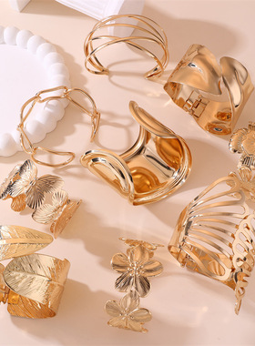 跨境欧美花卉新款金属手镯光面宽