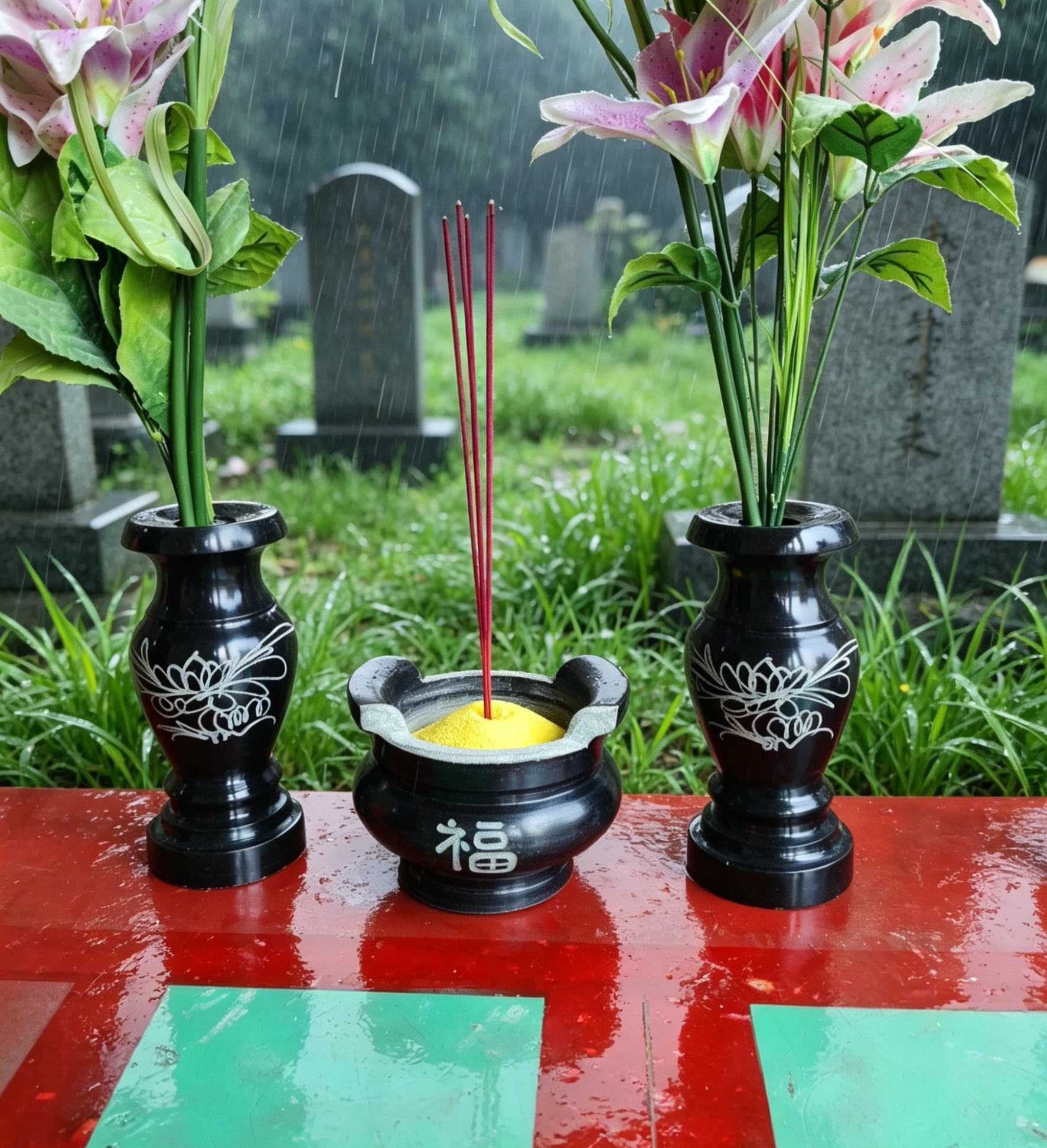 石雕香炉花瓶烛台配套青石圆形香炉祭祀石头香炉花瓶墓地石材香炉
