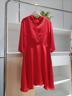 女秋冬V领 30姆米重磅真丝连衣裙 大红正红喜庆色女中袖收腰中裙