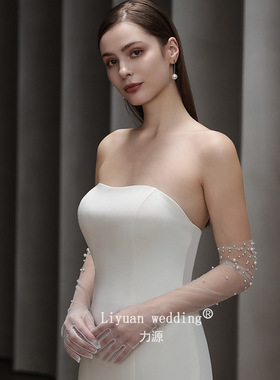 珍珠长拍照公主级感cos白色网纱薄透明婚礼表演新娘手套