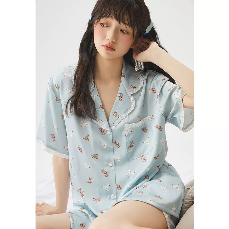 大零零家居服2025夏季新款冰雪丝短袖短裤甜美少女蕾丝睡衣套装