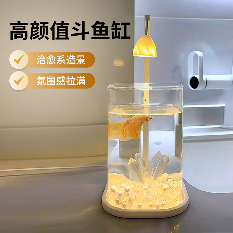 斗鱼专用鱼缸玻璃小型桌面小鱼缸迷你观赏客厅办公室造景生态创意