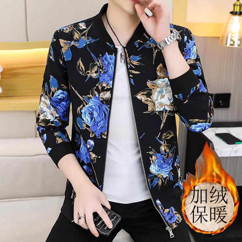 秋冬新款男士加绒加厚保暖花纹拉链夹克男外套印花美发师9981p75图片