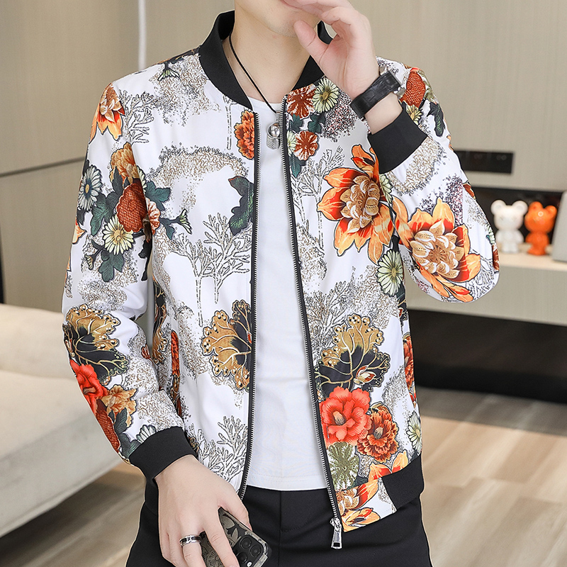 春季新款男士花纹时尚休闲修身棒球领夹克衫男装外套印花9981p70，男装夹克，星座1507