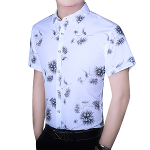 青年男式衬衫夏季潮男新弹力印花加肥大码短袖花衬衫C7041p45图片