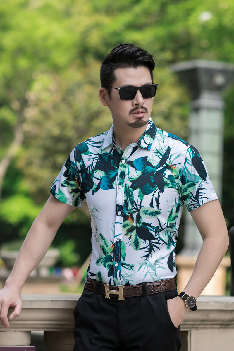 男式短袖花衬衫夏季潮男帅气数码印花加肥大码短袖花衬衫C7031p45,男装衬衫,星座1507