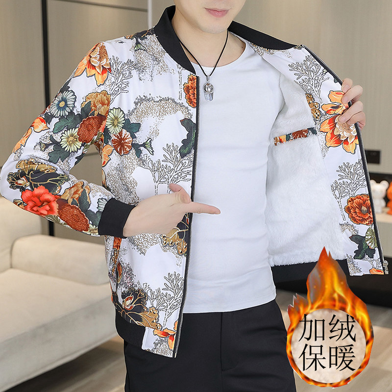 秋冬新款男士花夹克帅气印花时尚休闲修身加绒加厚外套9988p75图片