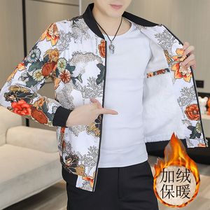 秋冬新款男士花夹克帅气印花时尚休闲修身加绒加厚外套9988p75图片