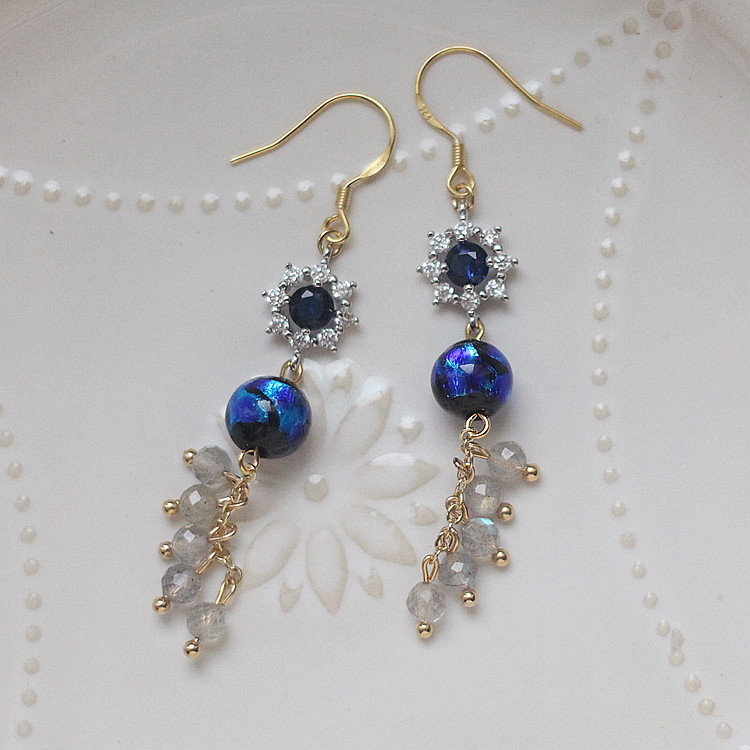 天然月光石欧美中古董老琉璃耳环