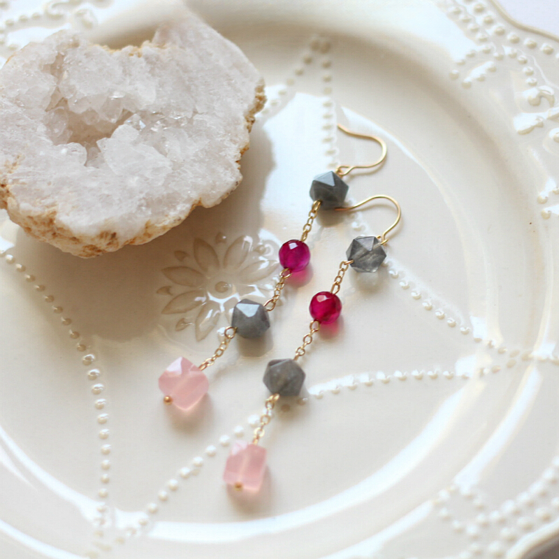 6月光石粉玉髓14k包金耳环