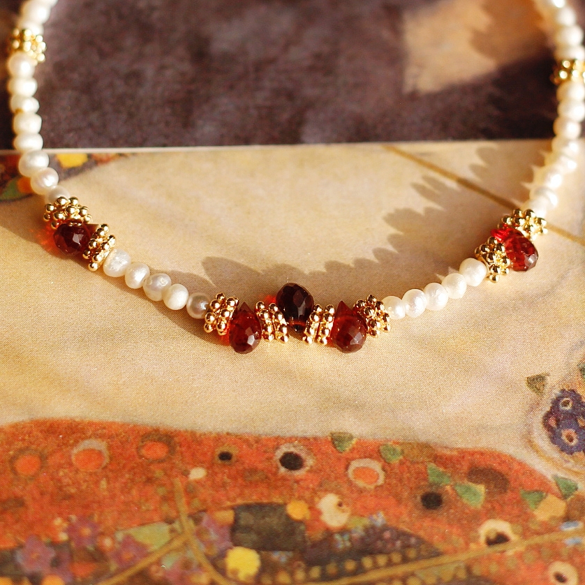 1/6一六月诞生辰石天然珍珠石榴石14k包金设计感原创新年红手链女