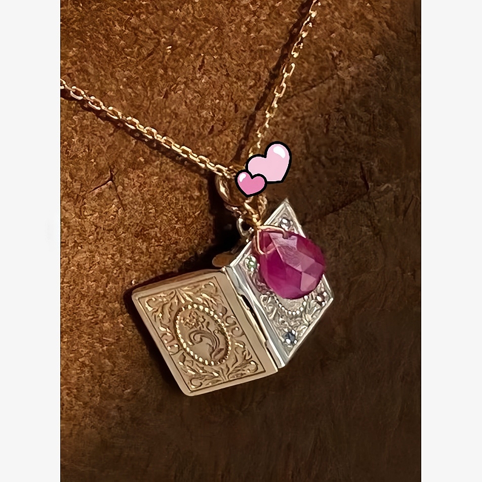 复古Dear维多利亚彩宝石星芒书本925银镀10K金吊坠子锁骨项链女