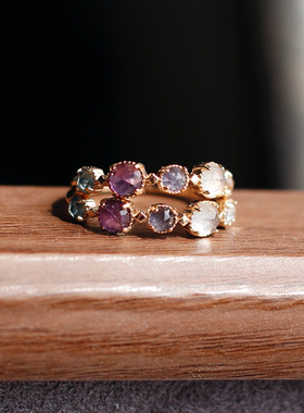 灭霸日系AGET*同款蓝光月光石紫水晶925纯银厚镀金戒指