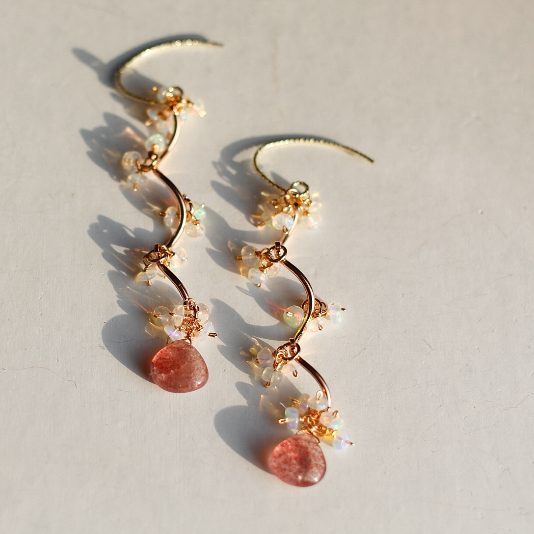 爱情|原创10十月诞生辰石欧泊草莓晶14k包金复古agete风耳环耳夹