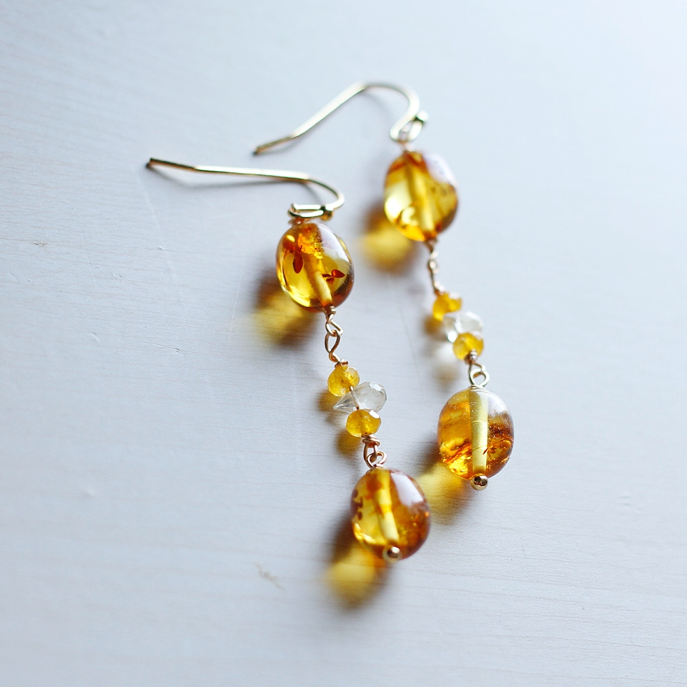 天然金琥珀招财11月诞生辰石黄水晶14k包金复古典油画感设计耳环