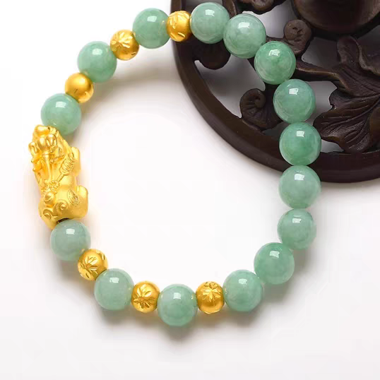 纯黄金貔貅手链女款999足金转运珠翡翠手镯雪花珠