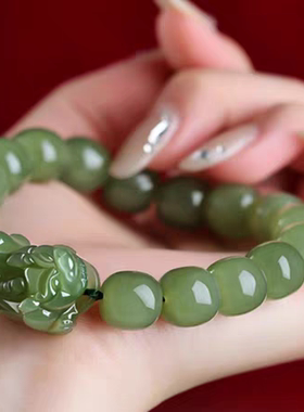 天然和田玉貔貅手链男士款青玉女款玉石手串霸王皮丘老型珠串B447