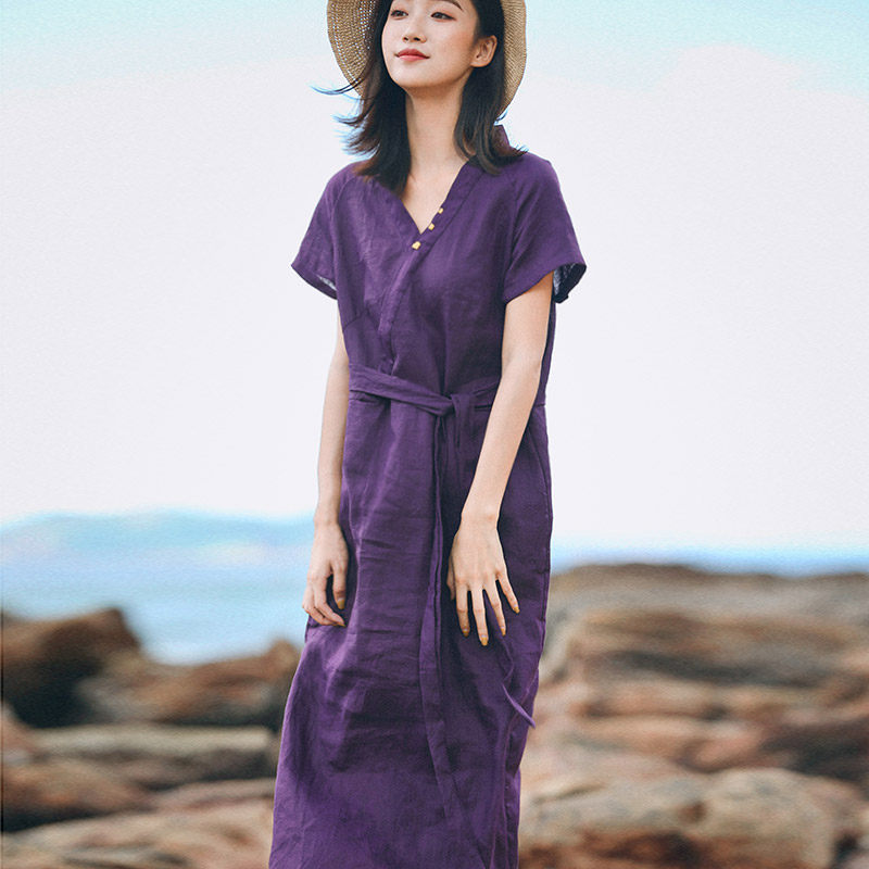 Ke ran Luo Lan Hand embroidery quality Flax Dress 2021 new pattern literature violet V-neck longuettein the Women's clothing/Boutique , Dress  category - from Buy2taobao.com to provide professional Taobao agent buy service