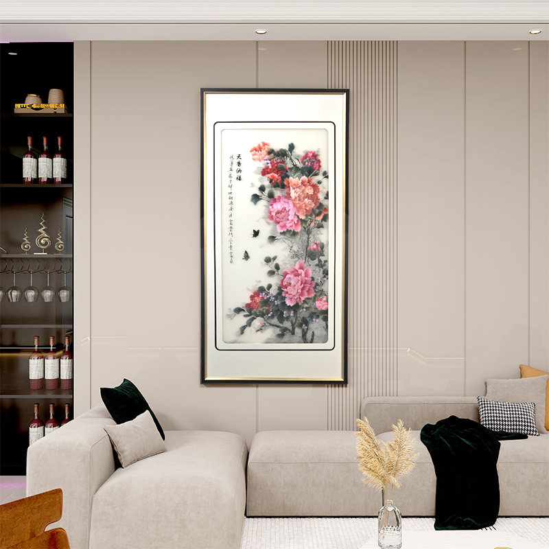 233新中式天香纳福牡丹刺绣装饰画客厅办公室背景玄关画80160