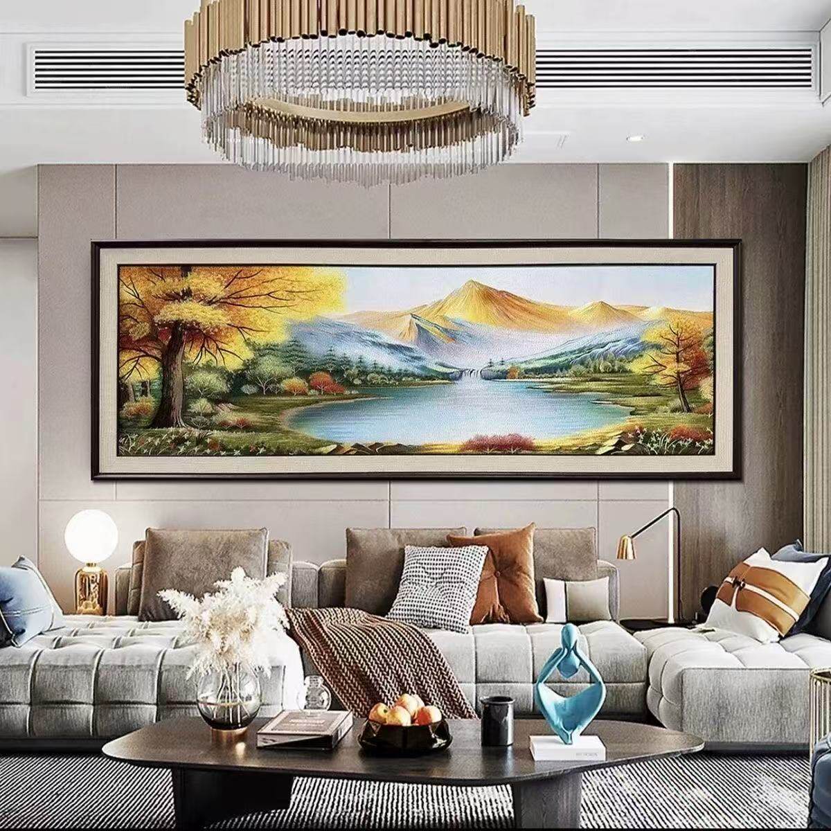 山水风景刺绣挂画客厅装饰画发财树金山聚宝盆织锦绣85225