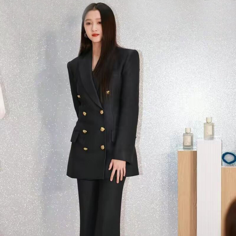 春秋新款高级感西服关晓彤明星同款双排扣收腰喇叭裤西装套装女