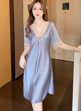 睡衣女士夏季冰丝短袖蕾丝性感丝绸睡裙高级感夏天薄款宽松家居服