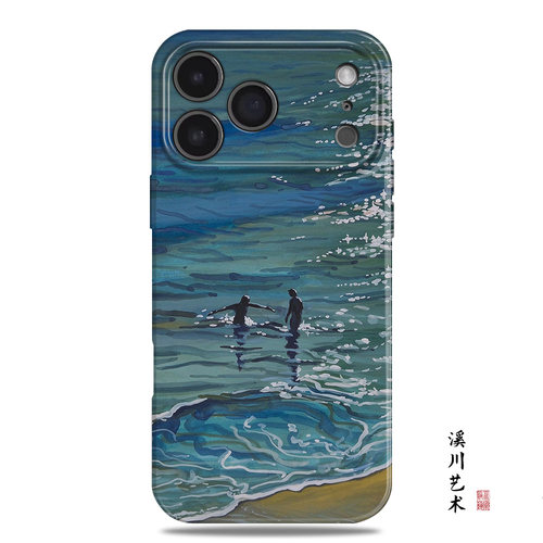 海边戏水情侣文艺治愈手机壳油画