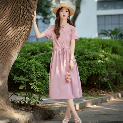 素雅订制女装原创品牌旗舰夏季新款收腰显瘦中长款娃娃领连衣裙女